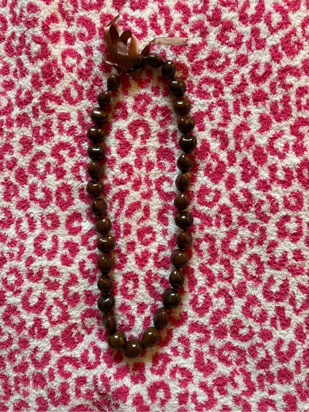 Authentic Hawaiian Kukui Nut Lei Necklace Brown Ribbon Tie Natural Island